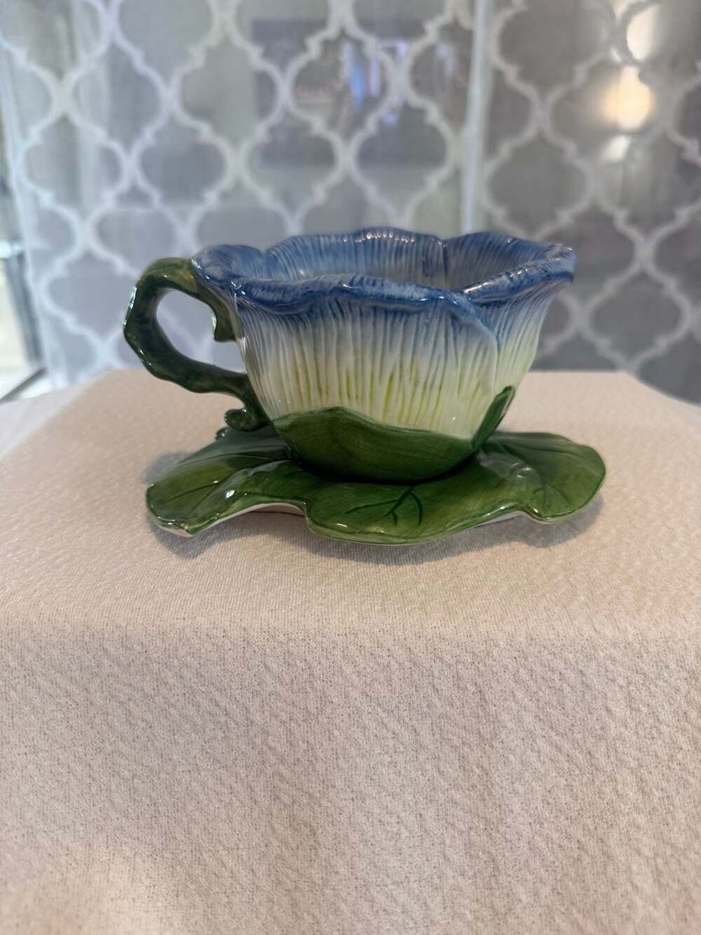 Lady Jayne 2005 Ceramic Blue Flower Teacup and Leaf Saucer Set